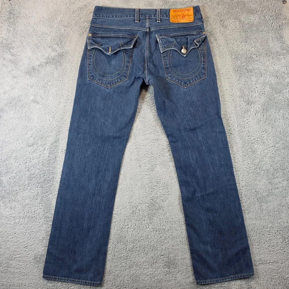 True Religion Ricky Jeans Mens 33 Blue Straight Made in USA Button Fly Horseshoe